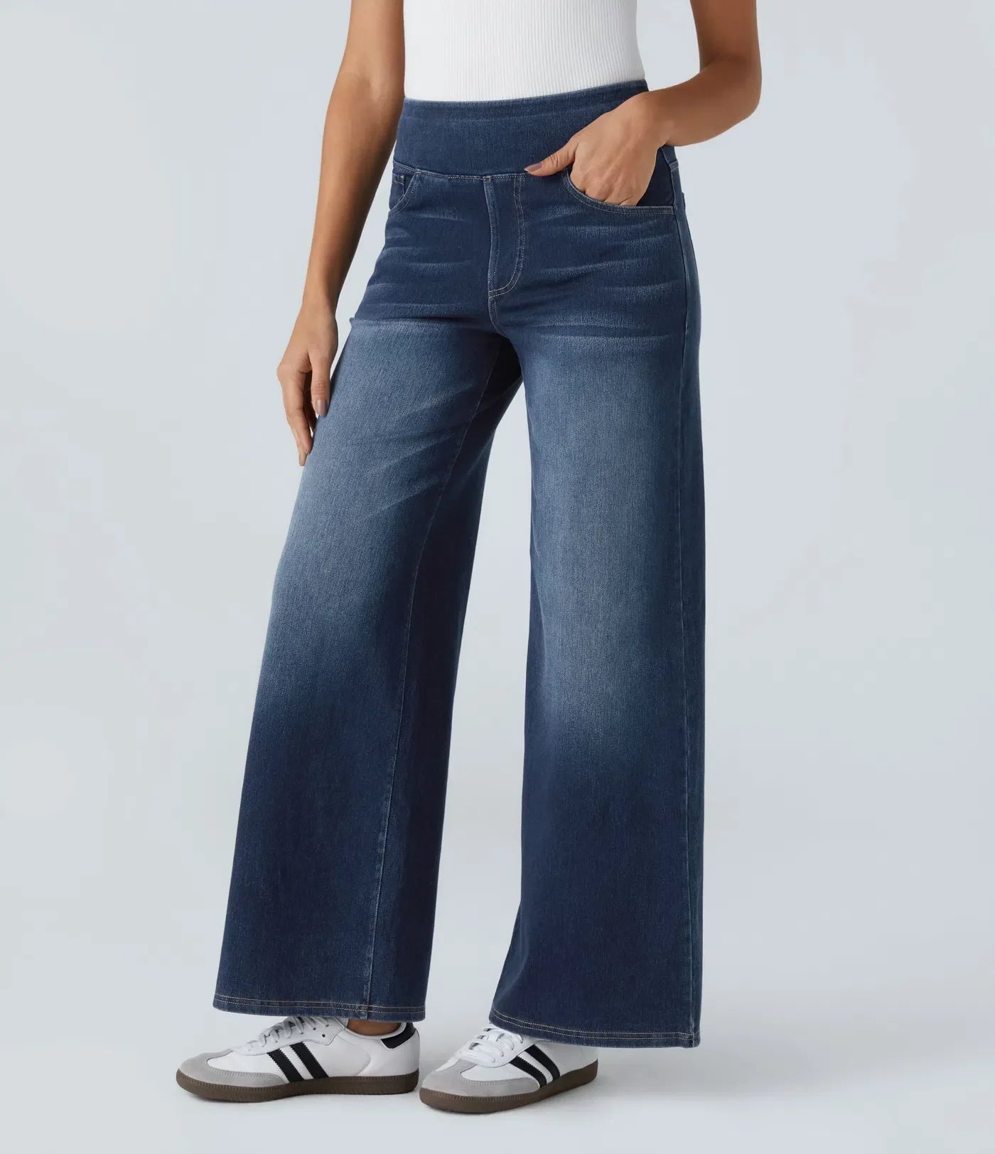 Jeans Flex™ Denim anchos elásticos de tiro alto con múltiples bolsillos